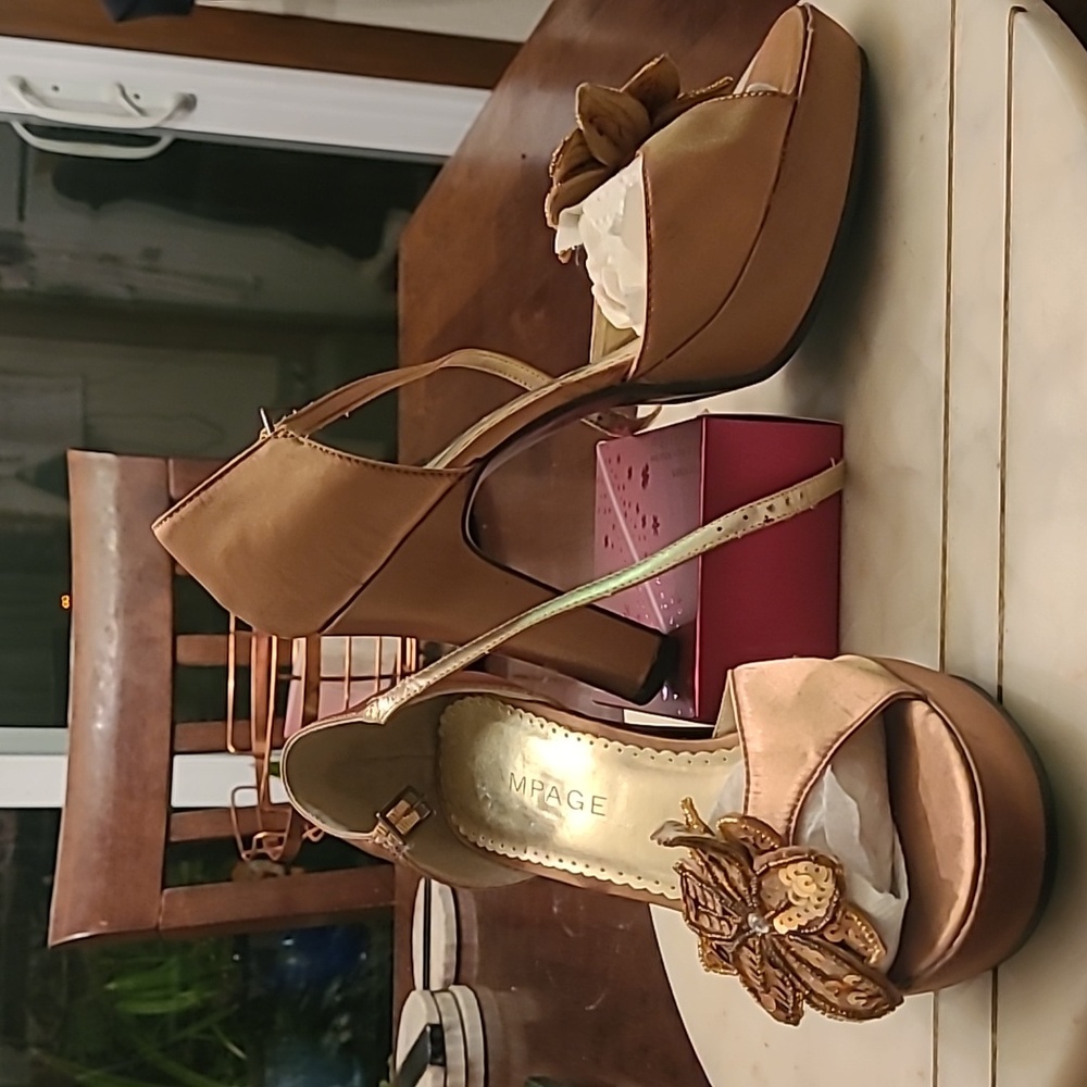 Bronze silky heeled sandals with beaded/sequined flowers.